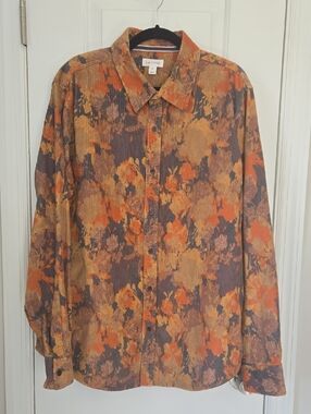 Corduroy Floral Button-Down Shirt - Orange/Brown
